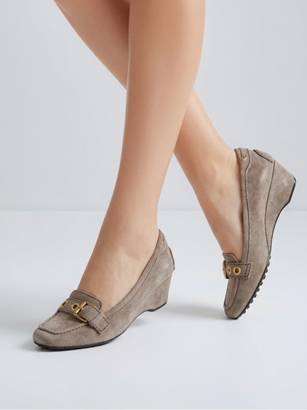 The Original Car Shoe Women Rare Italian Suede and Leather Wedge Loafers Taupe